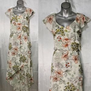 EST. 1946  FLORAL HI-LO DRESS SLEEVE RUFFLED BOTTOM